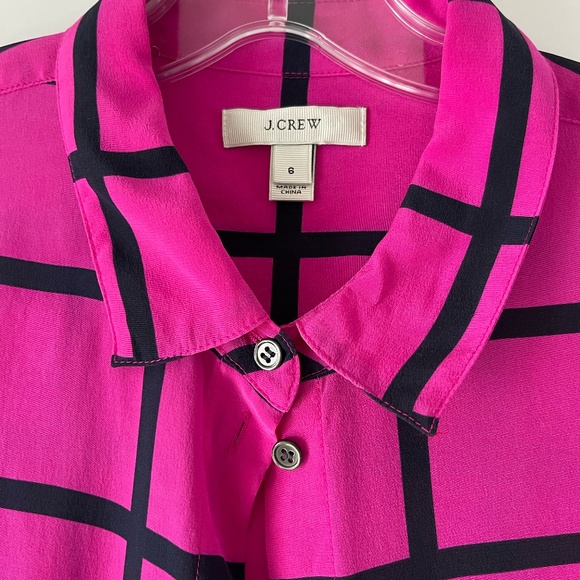 *Brand New* J Crew Silk Button Up Blouse Silk Fuchsia Windowpane Print, Size 6 - Picture 3 of 4